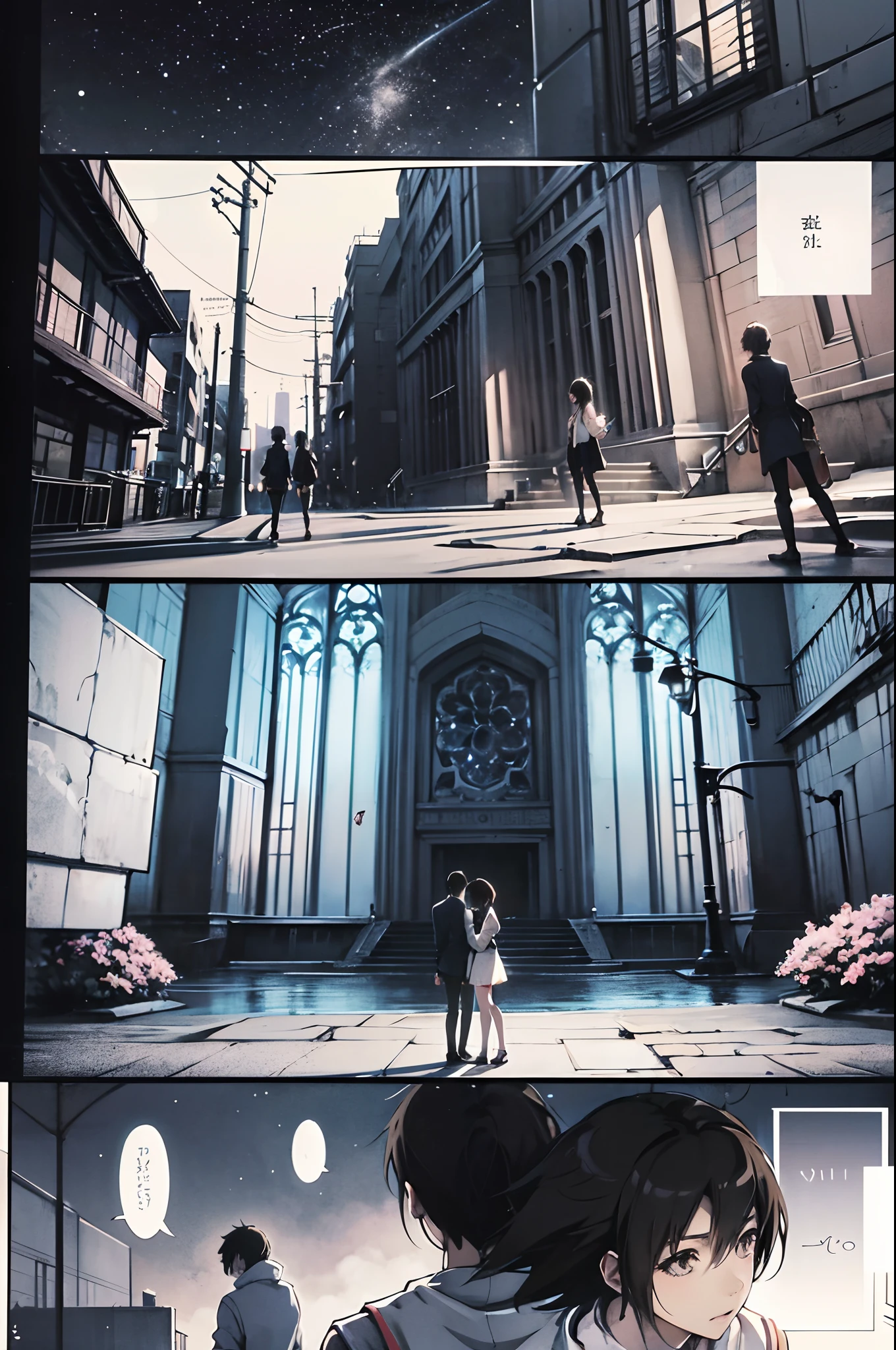 comic strip,Cartoon Split,Exceptional,Storyboard,Masterpiece, Anime college student standing under a cherry blossom tree on campus, Bright starry sky. romantic couple, Makoto Shinkai's picture, Pisif, concept-art, Lofi art style, Reflection. By Makoto Shinkai, Lofi art, beautiful anime scenes, Anime landscape, Detailed scenery —width 672, in the style of makoto shinkai, Makoto Shinkai's style, Enhanced detail.