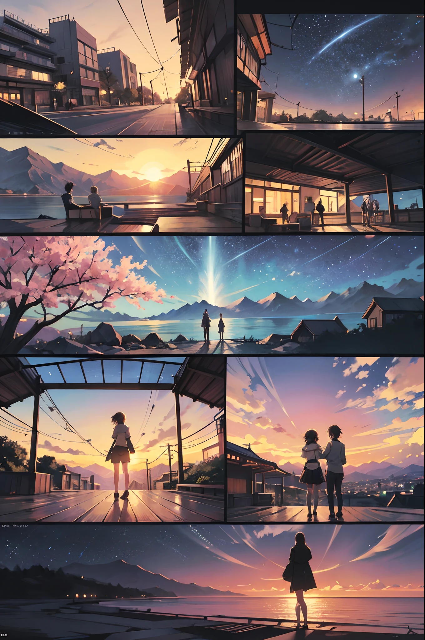comic strip,Cartoon Split,Exceptional,Storyboard,Masterpiece, Anime college student standing under a cherry blossom tree on campus, Bright starry sky. romantic couple, Makoto Shinkai's picture, Pisif, concept-art, Lofi art style, Reflection. By Makoto Shinkai, Lofi art, beautiful anime scenes, Anime landscape, Detailed scenery —width 672, in the style of makoto shinkai, Makoto Shinkai's style, Enhanced detail.