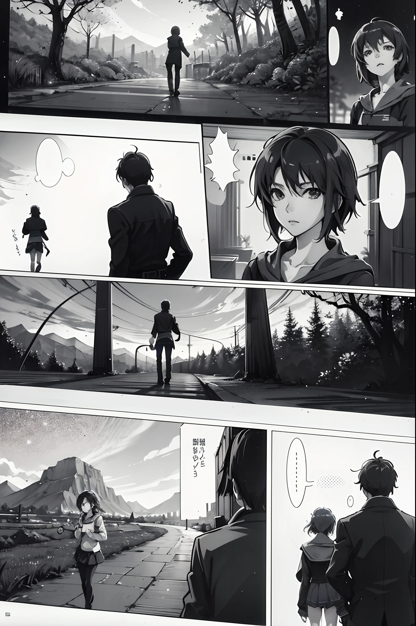 comic strip，Cartoon Split，Exceptional，Storyboard，Masterpiece, Anime college student standing under a cherry blossom tree on campus, Bright starry sky. romantic couple, Makoto Shinkai's picture, Pisif, concept-art, Lofi art style, Reflection. By Makoto Shinkai, Lofi art, beautiful anime scenes, Anime landscape, Detailed scenery —width 672, in the style of makoto shinkai, Makoto Shinkai's style, Enhanced detail.