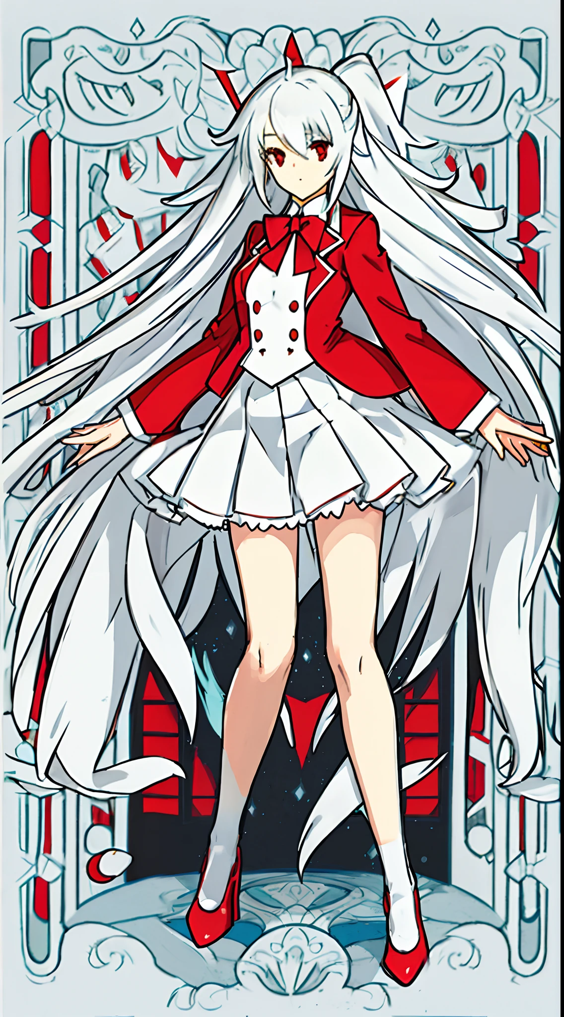 long white haired, slim build, red eyes, office attire, red blouse, white shirt, white skirt, black stockings, red blazer, red high heels, Masterpiece, perfect hands, nice hands