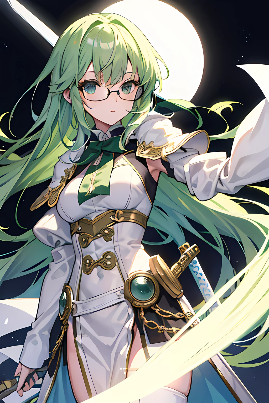 1girl, white armor, Victorian, glasses, long tied green hair, long sword, castle