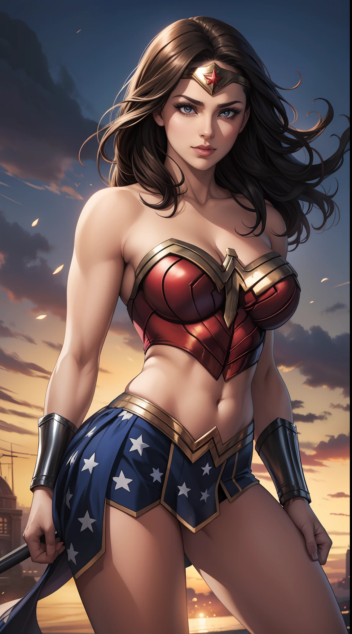 WONDERWOMAN sexy em traje midriff, side view, athletic and fit body, malcriado, sacanagem, perfect hands, detailed hands, olhos perfeitos, olhos detalhados, Glamour, sexy, malcriado, Posando, Side hands and arms, peitos grandes e perky, Realistic, HDR, UHD, Dynamic, SOBRE UMA ROCHA EM ALTO MAR.