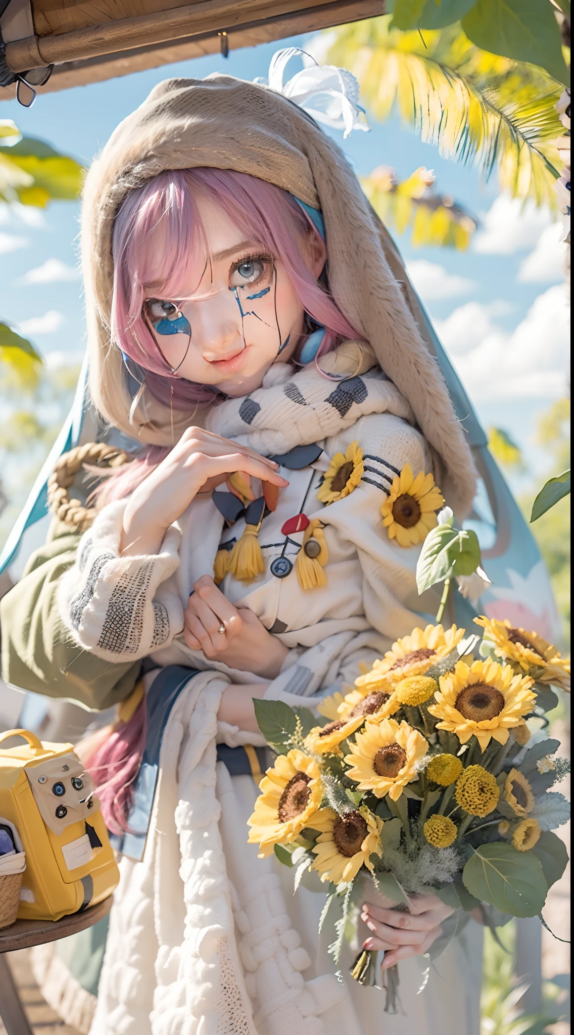 In a very grand scene,The extra-large wide-angle lens captures the appearance of a female centaur。She is a Sunflower Worship nun,Always opposed(Healing emoji smiley face of knitted sunflower puppet😊:99.99)DOA。She is tall,It has the ultimate curvy beauty,The muscles are slender and firm,Beautiful lines。She has(Super huge sky blue eyes:99.99)、always(Wearing sexy glasses:6.66)、(She wears solemn nun attire:9.9)、Stepping on a boot-style skyscraper-heel、A pink cross hangs on his chest。Use Midjourney's advanced tools,Designed for female centaurs(A knitted sunflower puppet and create a super healing cartoon smiley face in the center of the flower tray as a decoration:9.9),and noble and solemn nun costumes,and highlight her unique physiological characteristics and appearance details,Add realism。And in the context of her prayers and listening to confessions,Spectacular views of nature,Such as the sky where storms and sunny days alternate、Brilliant rivers of stars and auroras、The snow-capped summit of Mount Everest、Fireworks in the mountain town, etc。ao mesmo tempo,Away from the hustle and bustle next to the chapel,Create a fantastic scene。Use Midjourney's advanced tools and multiple color palettes、Brush Strokes、Texture tools and model packages,It shows a sense of atmosphere where beauty and charm coexist。The charm of the female centaur is highlighted through color and lines,Enhance realism with detailing,Create a surreal dreamy feeling。Additionally,Use Midjourney's tools to add various exorcism props and books to the female centaur、pergaminhos,Create intricate hairstyles and outfits,Give her a sense of premium。She never flinches,No matter what monster you encounter,can respond quickly,Even the most extreme armies of natural disasters and monsters could not stop her and her front(Sunflower with Tyndall effect that emits sunlight9.99)。Use Midjourney's powerful tools,You can do it with incredible detail and beauty,Bring this ultra-grand and beautiful scene to life。Ultra-grand sc