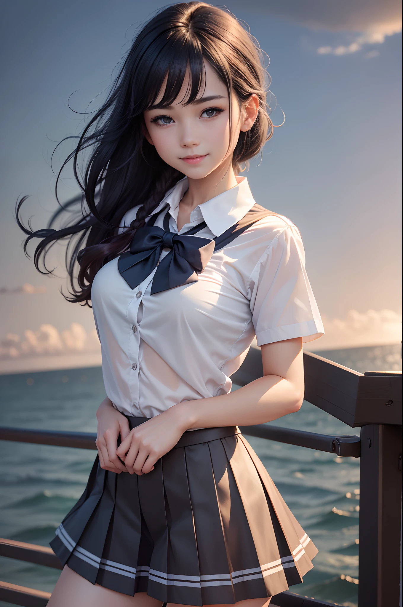 8K, Raw photo, Best Quality, masutepiece: 1.2), (Realistic, Photorealsitic: 1.37), Ultra-detailed, girl in sailor suit with ponytail, Beautiful, Solo, Beautiful detailed sky, Detailed Coffee, Night,(Flushed nose), (Smile: 1.1), Long Black Hair　large full breasts, Beautiful detailed eyes, (Collared shirt: 1.1), a bow tie, Pleated skirt, (Short hair: 1.2), Long hair, 　Wet and see-through underwear　超A high resolution　real looking skin　Beautiful expression　wetting hair　A sexy