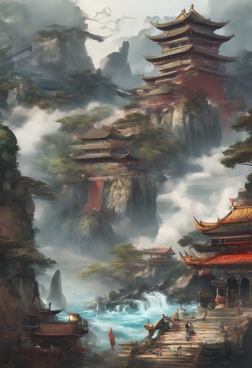 Painting of a chinese temple in the mountains with a waterfall - SeaArt AI