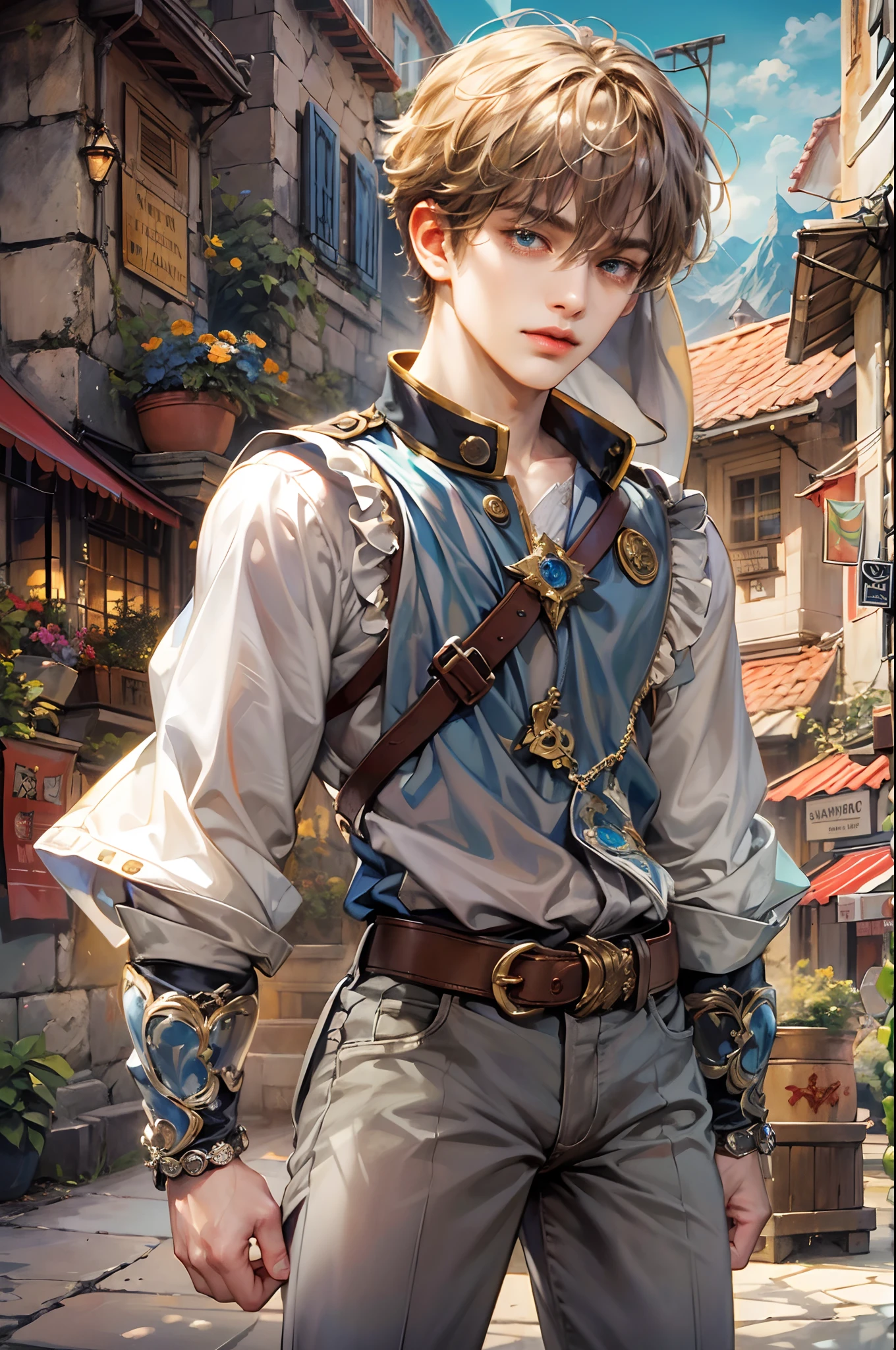 (absurdres, highres, ultra detailed, HDR), masterpiece, best quality, "rhapsody a musical adventure" ps1 game character, boy hero with short hair, detailed face, handsome face, anime eyes, at the town, detailed character, detailed outdoor scenery, art kenouji