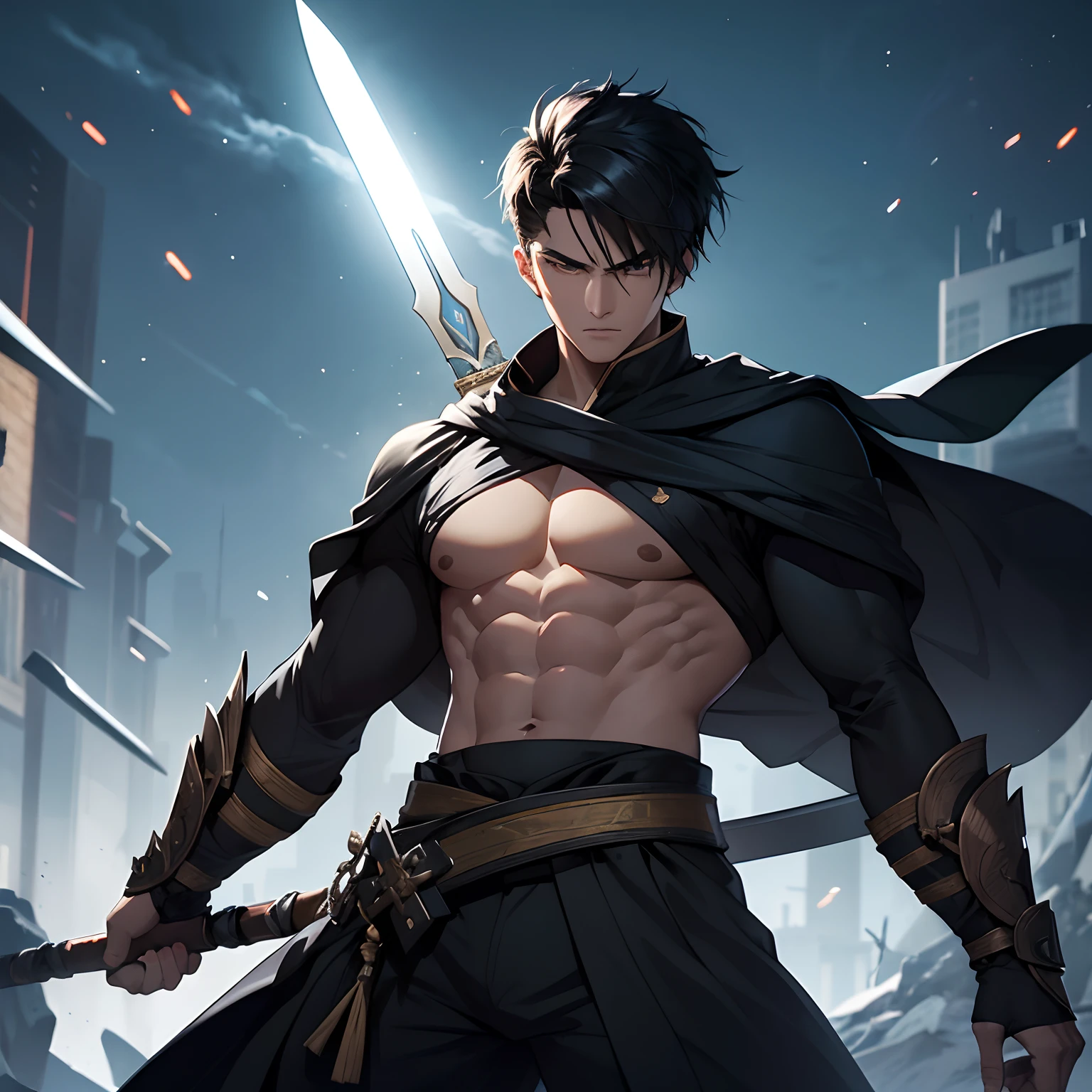 Male,human,sexy,black hair, six pack, bulge, slick hair, armor, defined jawline, red and black cape, sword, silver armor, medium length hair, bara body nude