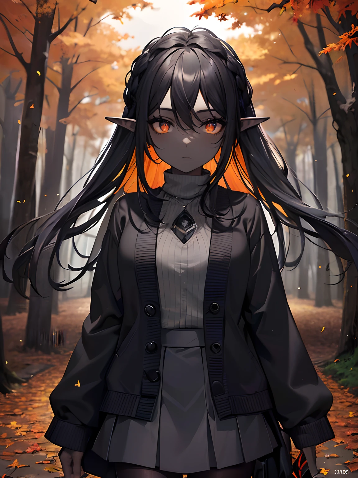 (Obra maestra, La mejor calidad, ultrahigh resolution),1girl,cabello negro oscuro,Orejas de elfo, piel negra, Cara hermosa y detallada, ojos detallados,falda gris,cardigan,(autumn),en un parque,((Grey and greyish orange theme))