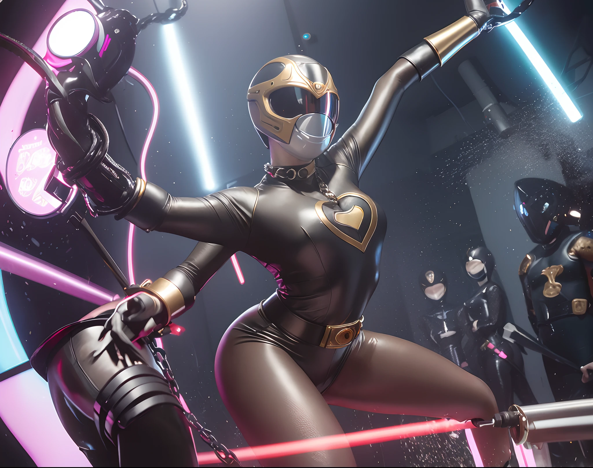 super SENTAI, Power Ranger, black latex, high leg, 5girls. evil figure, whole body,sexy pose, empty eyes, chained to machines, forehead, Heart tattoo, glowing tube, helmet, colorful lightning, headphone, chastity belt, ecstasy, costume with visible navel, glitter on costume