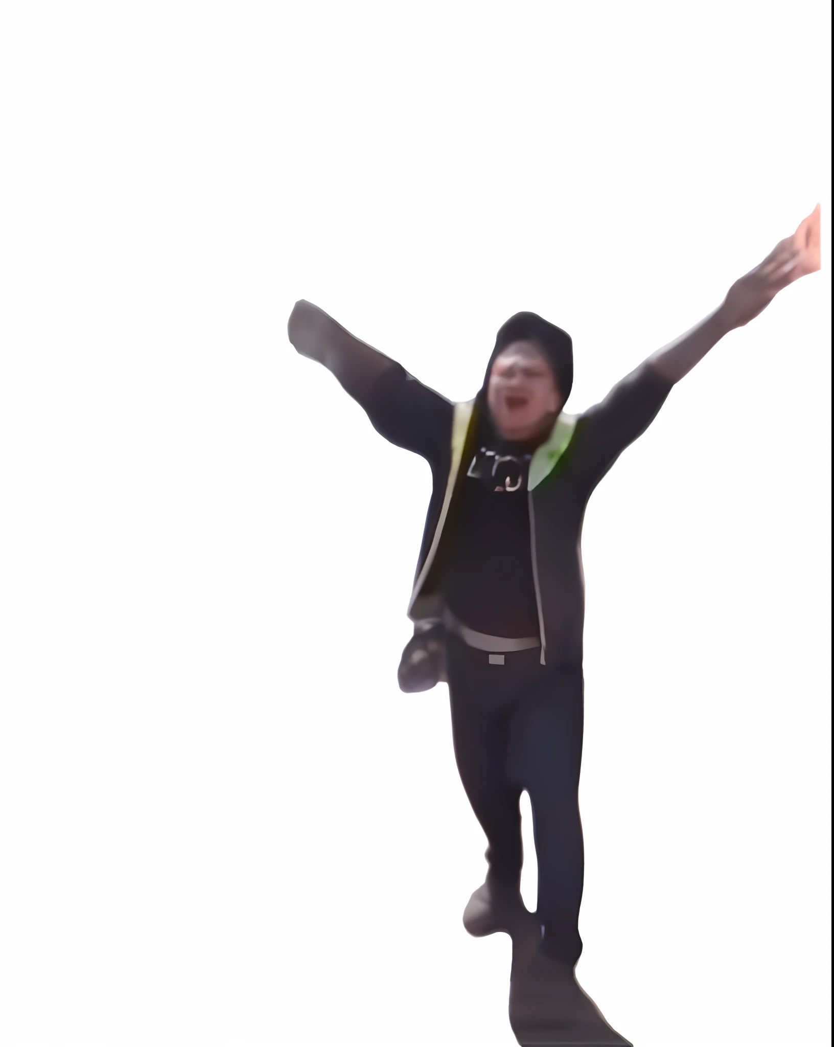 The Alafard man in a black jacket and yellow vest is jumping, 3 d render of jerma 9 8 5, raise both arms, look like someone is dancing, he is dancing, t-pose of wizard, meme template, Pose(Arms up + cheerfulness), twitch emote, dabbing, jumping towards viewer, stretching out arms, t pose, cursed images