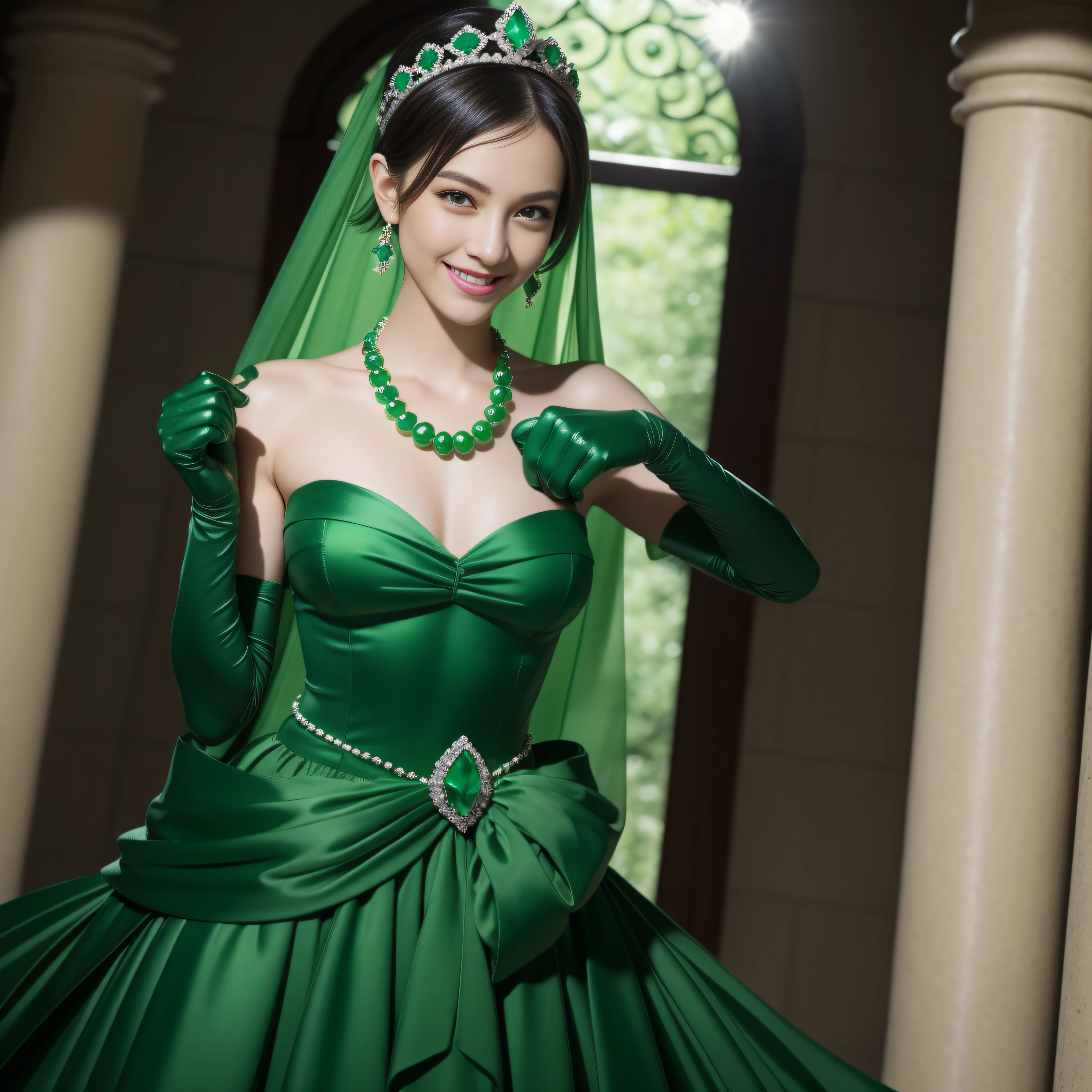 emerald tiara, Green Pearl Necklace, Boyish very short green hair, lipsticks, Japan woman smiling, very short short hair, fist, big breasts beautiful, Green eyes, Long green gloves made of satin material, Green eyes, Emerald Earrings