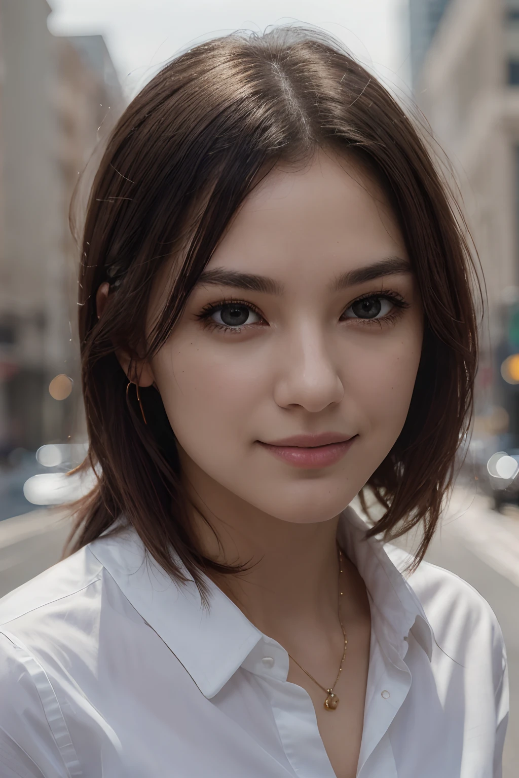 masterpiece, top-quality, in 8K, absurderes, The upper part of the body, whiteshirt, beautiful a girl, Clean face, looking at the viewers, A smile, A hyper-realistic, hight resolution, foco nítido, nffsw, face lights, Dynamic lighting, Lighting, Professional Shadows, beautiful cityscape background, highestdetailed, ighly detailed, ultra-detailliert, finely detail, authentic skin, Delicate facial features, Detailed face and eyes, Sharp pupils、Realistic pupils