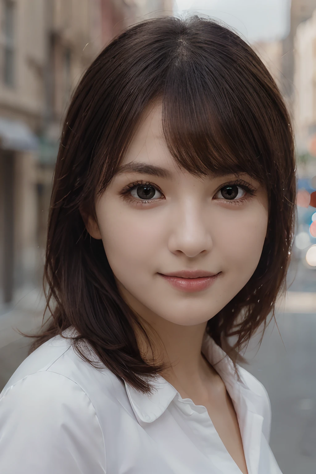 masterpiece, top-quality, in 8K, absurderes, The upper part of the body, whiteshirt, beautiful a girl, Clean face, looking at the viewers, A smile, A hyper-realistic, hight resolution, foco nítido, nffsw, face lights, Dynamic lighting, Lighting, Professional Shadows, beautiful cityscape background, highestdetailed, ighly detailed, ultra-detailliert, finely detail, authentic skin, Delicate facial features, Detailed face and eyes, Sharp pupils、Realistic pupils