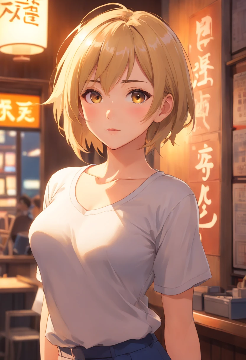 professional, (4k photo:1.1) by (Jeremy Lipking:0.3), (Dittmann Anna:0.3), (Arian Mark:0.3), (Sharp focus:1.3), high detail, wearing (tight shirt:1.2), beautiful detailed face, hazel eyes, short blonde hair, (attractive young woman:1.3), (seductive:1.1), (blushing:1.1), hourglass body shape, natural breasts, wide hips