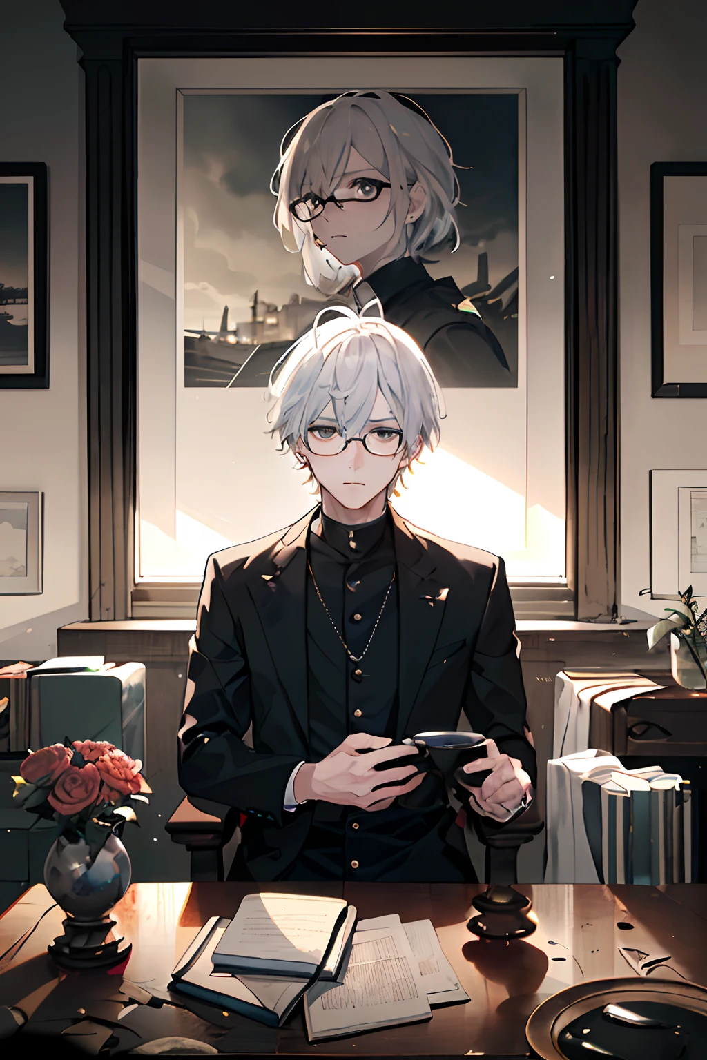 ((((Dramatic))), (((grittiness))), (((Intense))) The movie poster centers on a young writer。。。。。。。。。。。。。。。。。。。。。。。。。。。。。。。。。。。。。。。。。。(tmasterpiece:1.2),best qualtiy,(tmasterpiece:1.2),best qualtiy,realisticlying,Man with white hair and black eyes,Dull hair,With round-rimmed glasses,pupils,balmy,inside in room,vases,picure,A tranquil,独奏,Fashionab,