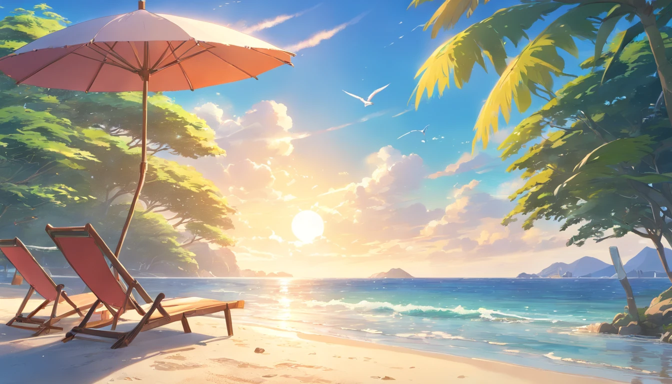 (Best quality,4K,8K,A high resolution,Masterpiece:1.2),Ultra-detailed,(Realistic,Photorealistic,photo-realistic:1.37),Anime art,Sunshine,cheerfulness,sea beach,Seagulls fly,Crab crawling,illustration,concept-art,Dolphins jumping from the sea,summery vibe,Colorful,Sparkling water,Clear sky,Soft sand,Joyful,Cool breeze,sunglasses,Umbrella,Beach chairs,relaxing,peaceful scenery,Vivid colors,Brilliant lighting,stickers