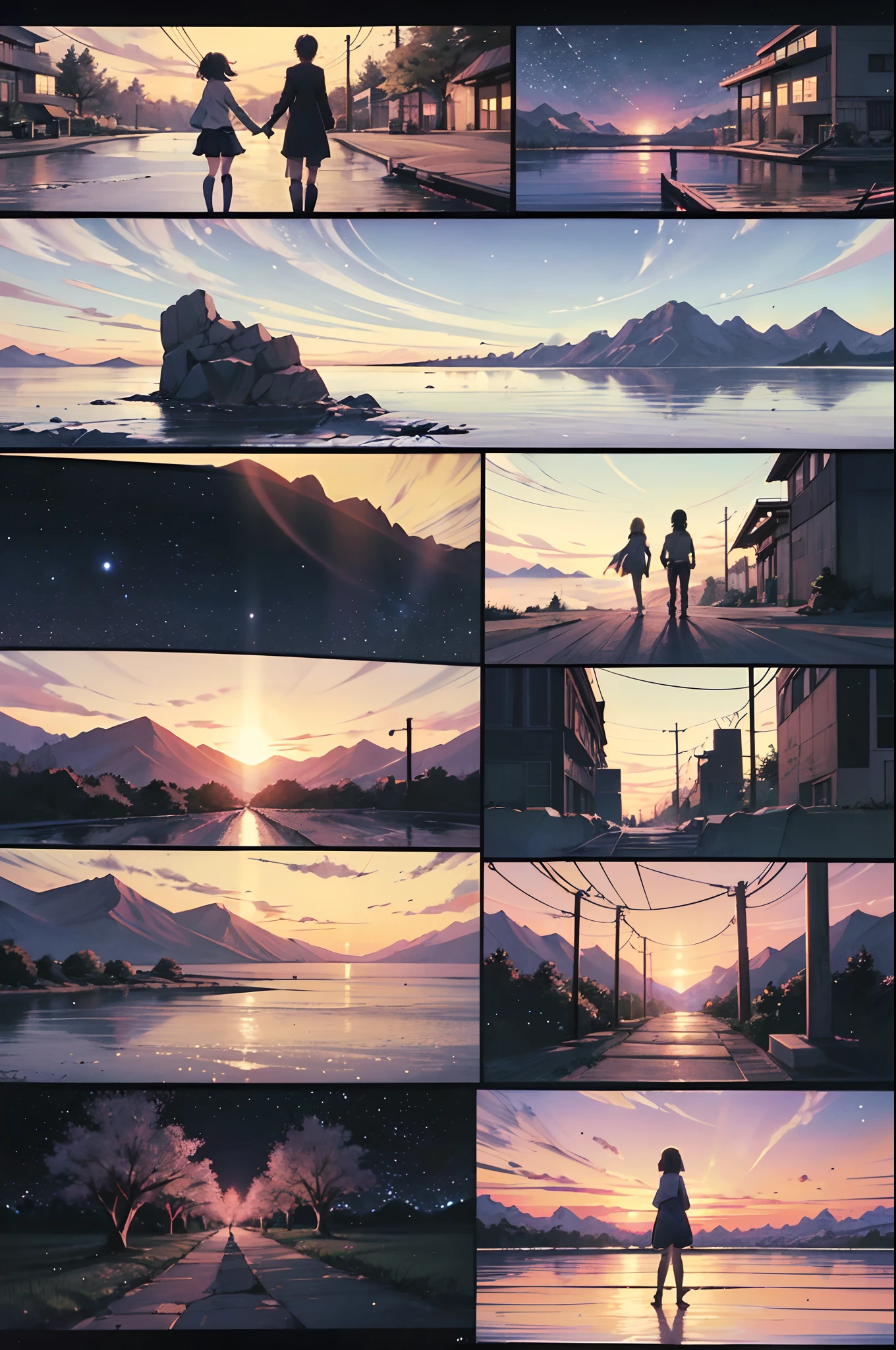 comic strip,Cartoon Split,Exceptional,Storyboard,Masterpiece, Anime college students standing under cherry blossom trees on campus, Bright starry sky. romantic couple, Makoto Shinkai's picture, Pisif, concept-art, Lofi art style, Reflection. By Makoto Shinkai, Lofi art, beautiful anime scenes, Anime landscape, Detailed scenery —width 672, in the style of makoto shinkai, Makoto Shinkai's style, Enhanced detail.