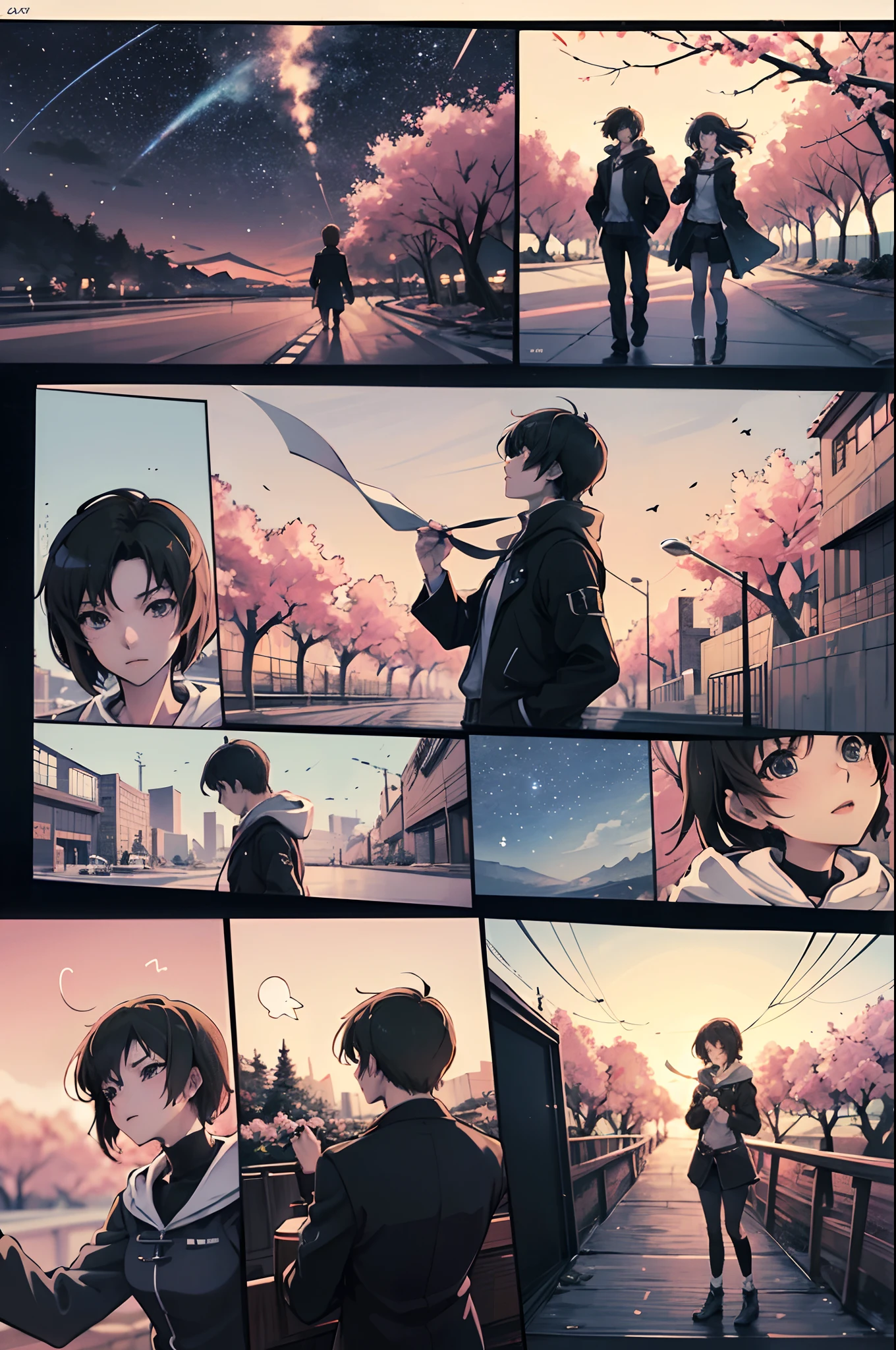 comic strip，Cartoon Split，Exceptional，Storyboard，Masterpiece, Anime college students standing under cherry blossom trees on campus, Bright starry sky. romantic couple, Makoto Shinkai's picture, Pisif, concept-art, Lofi art style, Reflection. By Makoto Shinkai, Lofi art, beautiful anime scenes, Anime landscape, Detailed scenery —width 672, in the style of makoto shinkai, Makoto Shinkai's style, Enhanced detail.