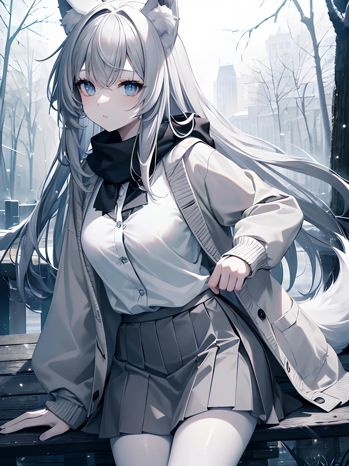 (Masterpiece, Best quality, ultra high resolution),1girl,wolf ears, wolf tail,white skin,beautiful and detailed face, detailed eyes,grey skirt,cardigan,(winter),on a park,((gray and grayish blue theme))