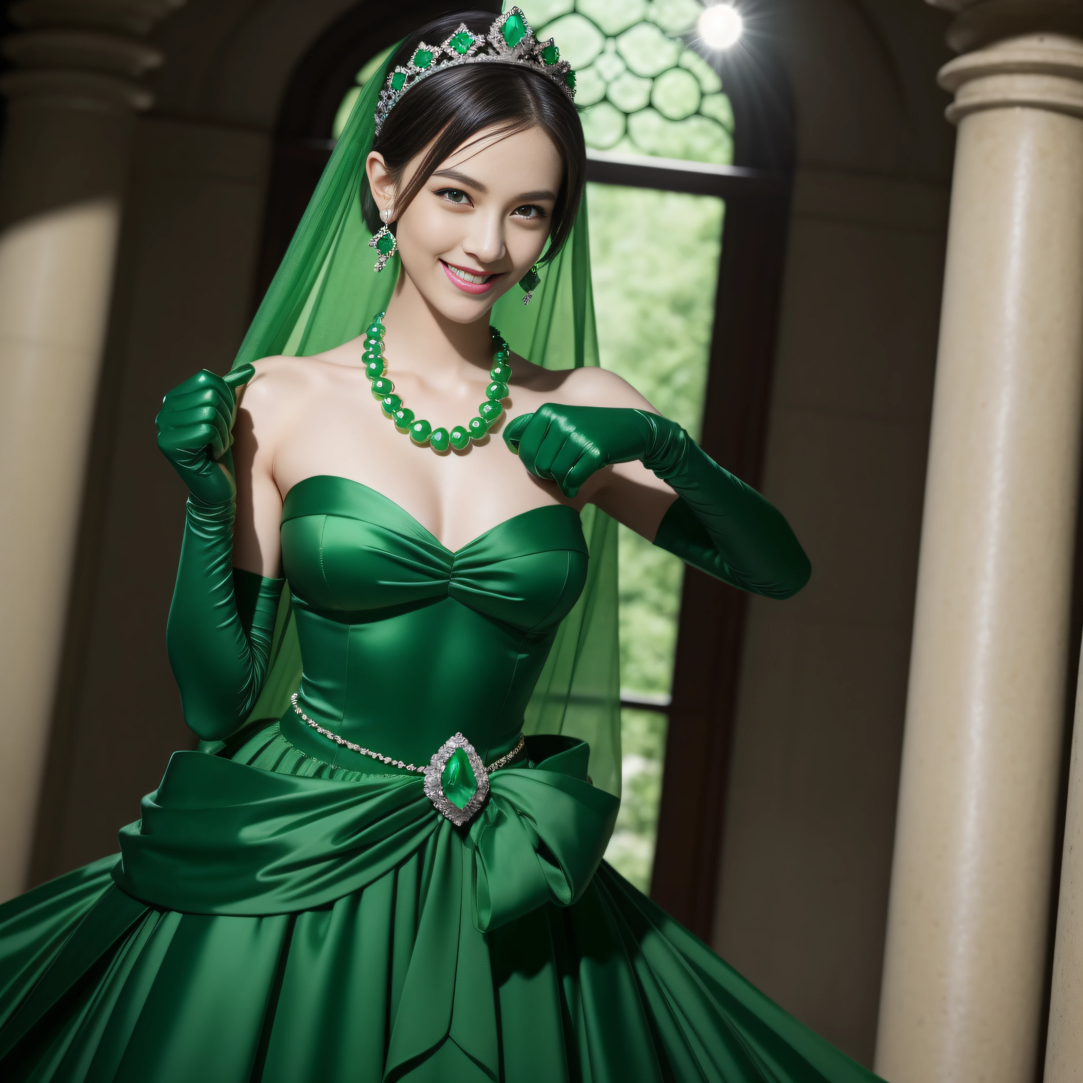 emerald tiara, Green Pearl Necklace, Boyish very short green hair, lipsticks, Japan woman smiling, very short short hair, fist, big breasts beautiful, Green eyes, Long green gloves made of satin material, Green eyes, Emerald Earrings