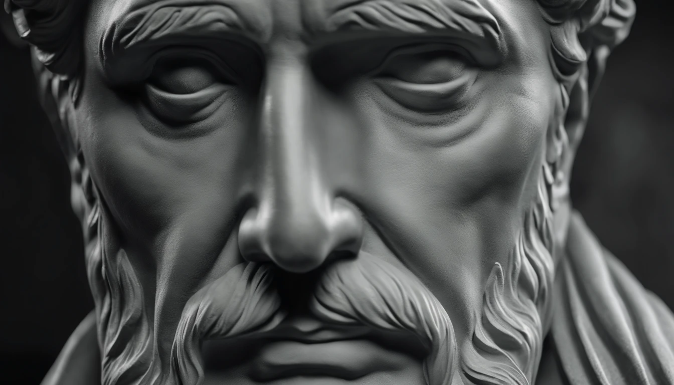 a portrait statue of the stoic Seneca in black and white 4K,Face de lado, papel de parede super realista