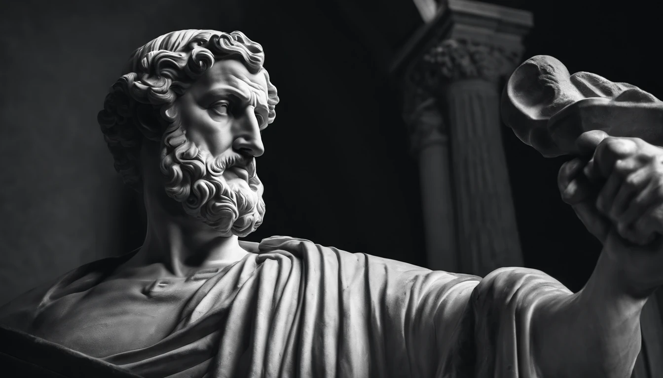 a portrait statue of the stoic Seneca in black and white 4K,Face de lado, papel de parede super realista