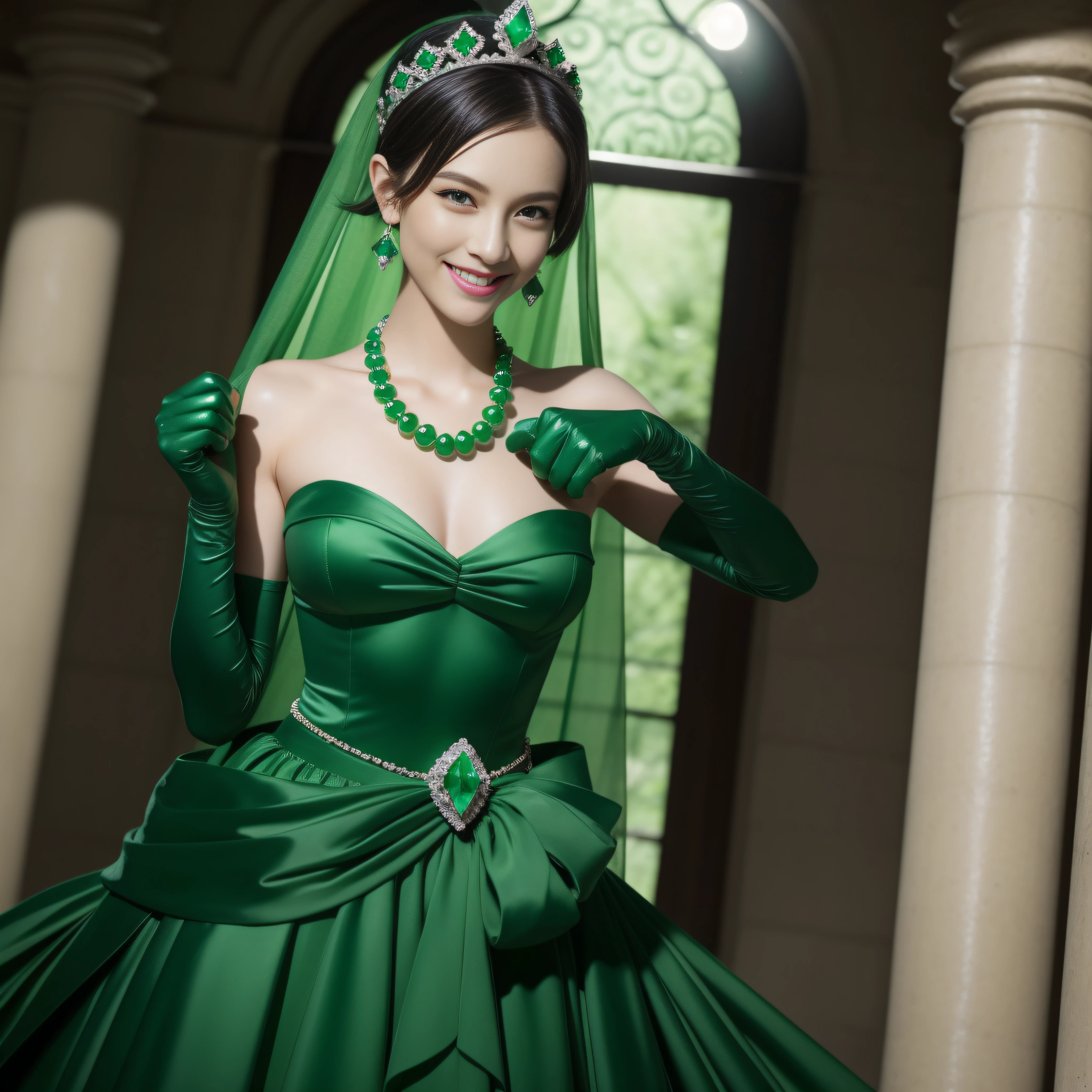 emerald tiara, Green Pearl Necklace, Boyish very short green hair, lipsticks, Japan woman smiling, very short short hair, fist, big breasts beautiful, Green eyes, Long green gloves made of satin material, Green eyes, Emerald Earrings