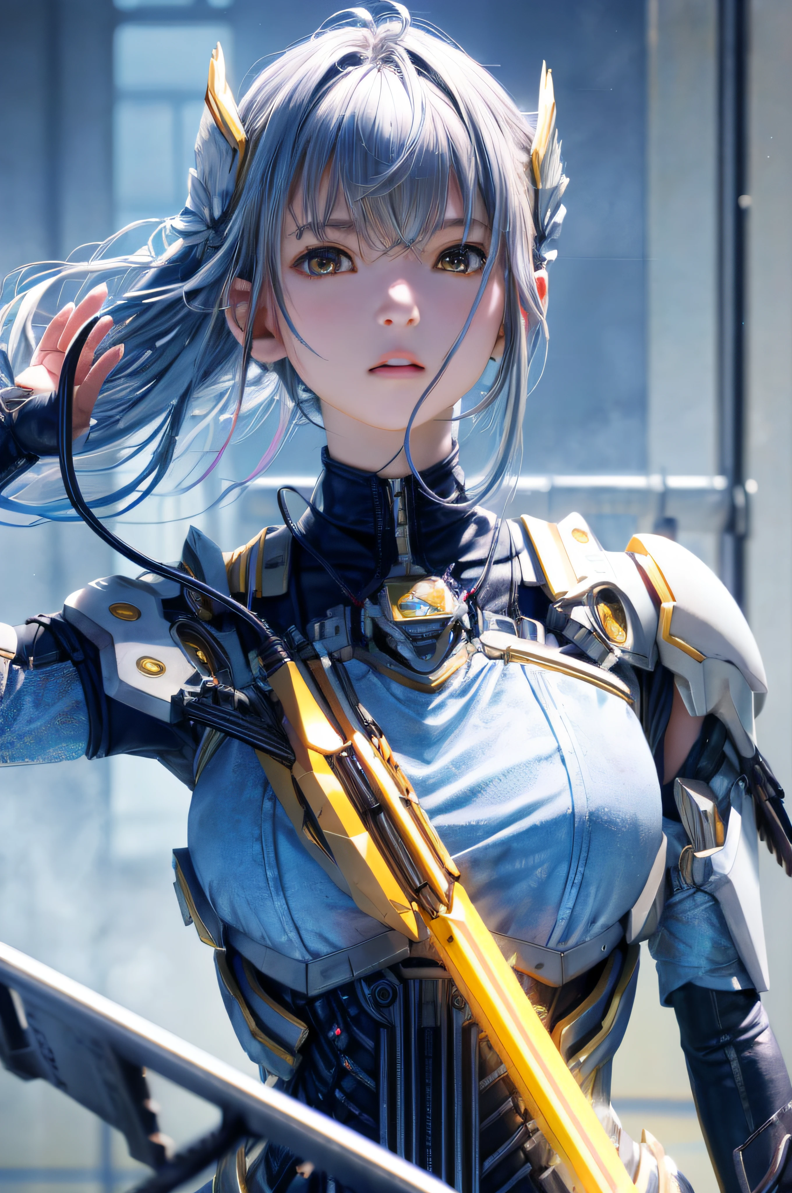 RAW image quality、8K分辨率、Ultra-detailed CG footage、top-quality、masterpiece、超A high resolution、(Photorealsitic:1.4)、1人、Light blue hair、Straight hair, shiny and clean hair、White shiny skin、Sexy Cyberpunk Girl、((super realistic details))、Shadow、octan render、ultrasharp、hyperdetailed face、Fiberglass、Luminous tube、highly intricate detail、Realistic light、CGSoation Trends、((Golden Eyes))、(Facing the camera)、neon details、Mechanical limbs、Mechanical vertebrae attached to the back、mechanical cervical attaching to neck、Wires and cables connecting to the head、cosmic background、Rat trail section、((valkyrie))、((Beam Cannon))