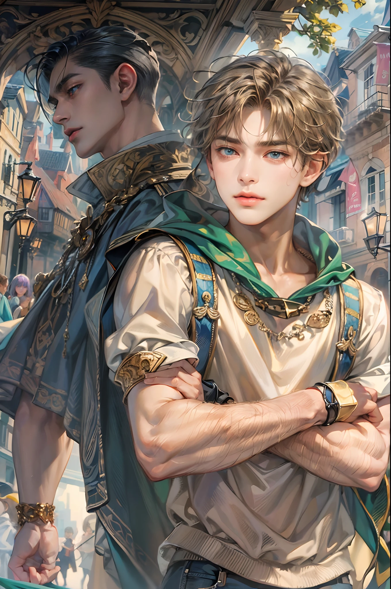 (absurdres, highres, ultra detailed, HDR), masterpiece, best quality, "rhapsody a musical adventure" ps1 game character, boy hero with short hair, detailed face, handsome face, anime eyes, at the town, detailed character, detailed outdoor scenery, art kenouji