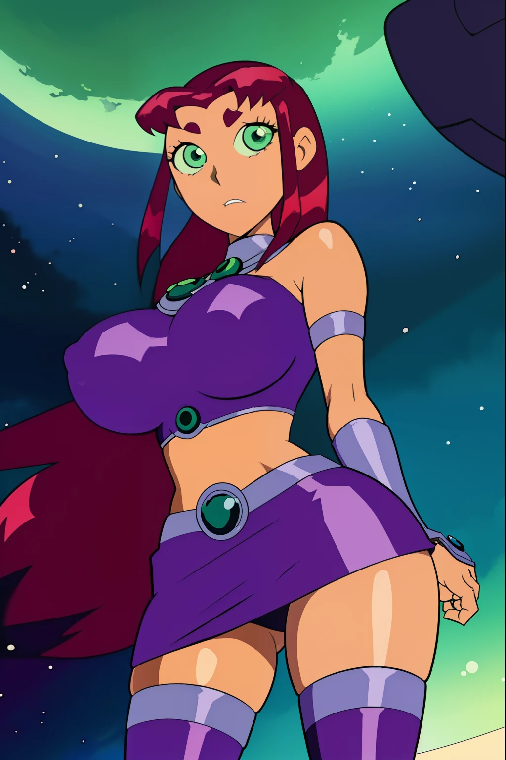 titans, Starfire, anime, masterpiece, 1girl, ((bimbo))), green eyes, beautiful eyes, long red hair, wide hips, thick thigh, big breast, huge ass, shiny skin, purple skirt, purple top, posing