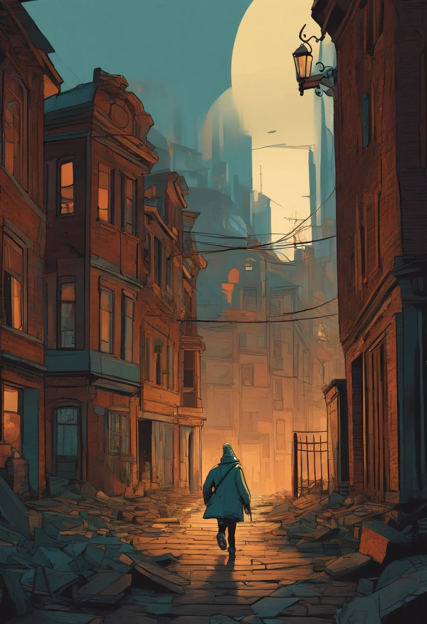 Dutch angle Asymmetrical view of a cartoon character walking through an abandoned city: asymmetric::8 --s 40 --style brut --c 8 --ar 16:9