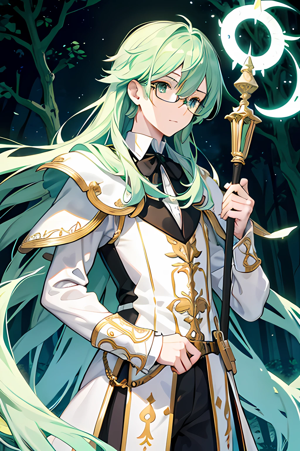 1guy, white armor, Victorian, glasses, long tied green hair, magic staff, forest