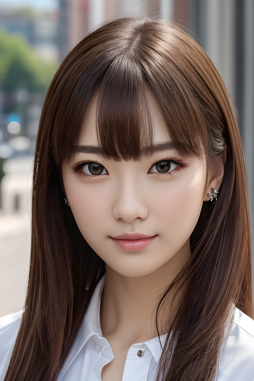 masterpiece, top-quality, in 8K, absurderes, The upper part of the body, whiteshirt, beautiful a girl, Clean face, looking at the viewers, A smile, A hyper-realistic, hight resolution, foco nítido, nffsw, face lights, Dynamic lighting, Lighting, Professional Shadows, beautiful cityscape background, highestdetailed, ighly detailed, ultra-detailliert, finely detail, authentic skin, Delicate facial features, Detailed face and eyes, Sharp pupils、Realistic pupils