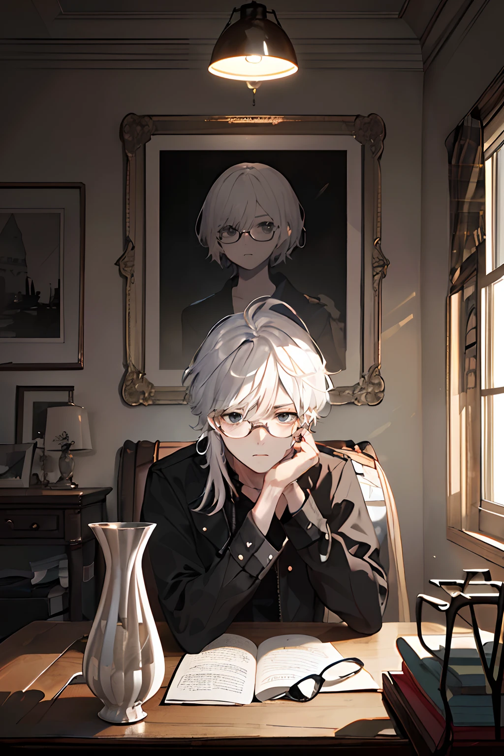 ((((Dramatic))), (((grittiness))), (((Intense))) The movie poster centers on a young writer。。。。。。。。。。。。。。。。。。。。。。。。。。。。。。。。。。。。。。。。。。(tmasterpiece:1.2),best qualtiy,(tmasterpiece:1.2),best qualtiy,realisticlying,Man with white hair and black eyes,Dull hair,With round-rimmed glasses,pupils,balmy,inside in room,vases,picure,A tranquil,独奏,Fashionab,