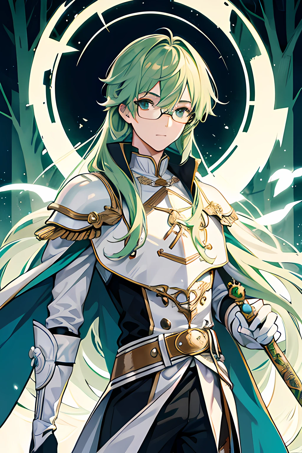 1guy, white armor, Victorian, glasses, long tied green hair, magic staff, forest
