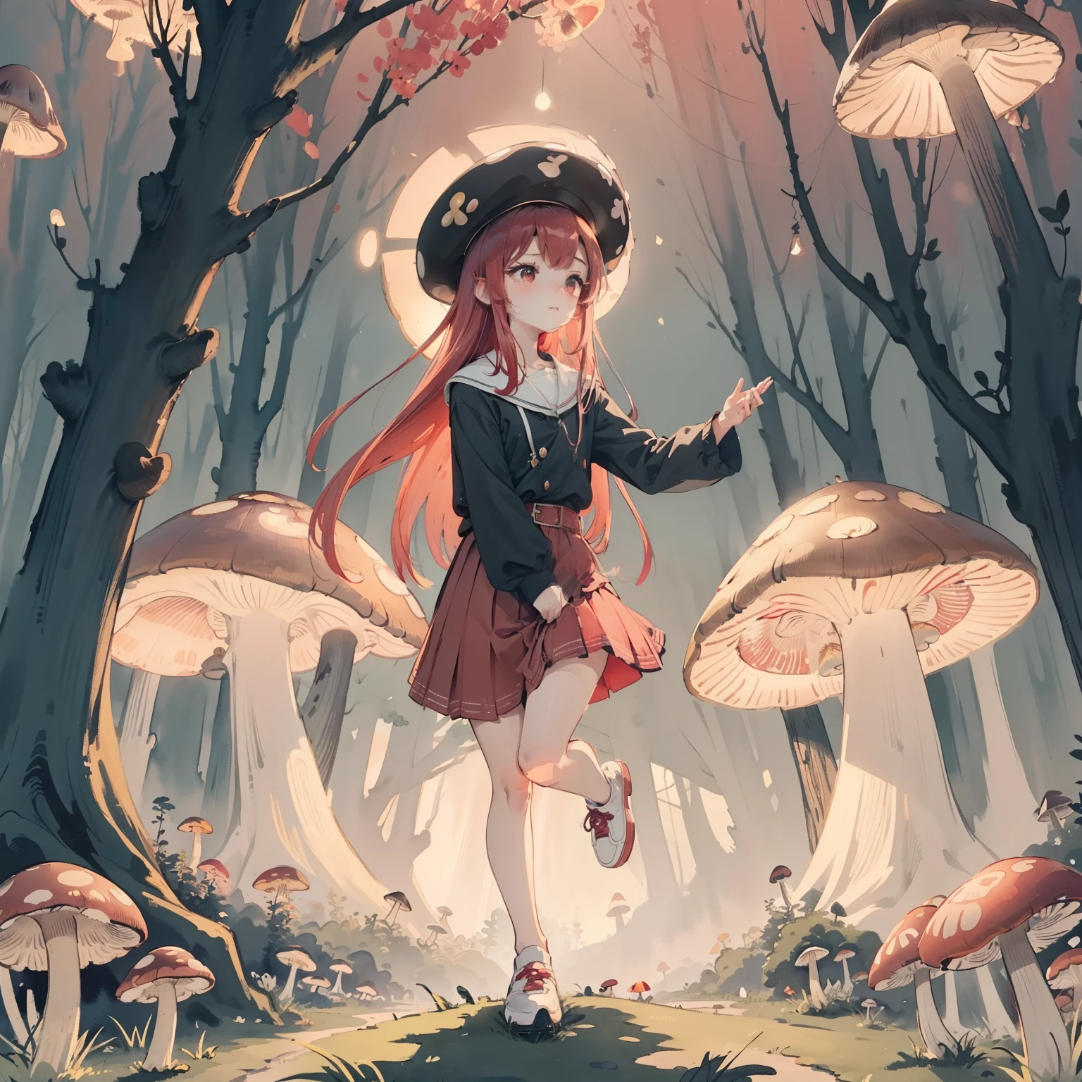 Beautiful and aesthetic,, Solo,Cute,Red hair,pleatedskirt,Dance,Cogumelos,Mushrooms,Huge mushrooms,spore,(glowing ambiance, enchanting glow, luminouslighting, Ethereal atmosphere,Watercolor illustration, Perfect anatomy, Masterpiece, Best quality, 1girll, li,eature, landscape
