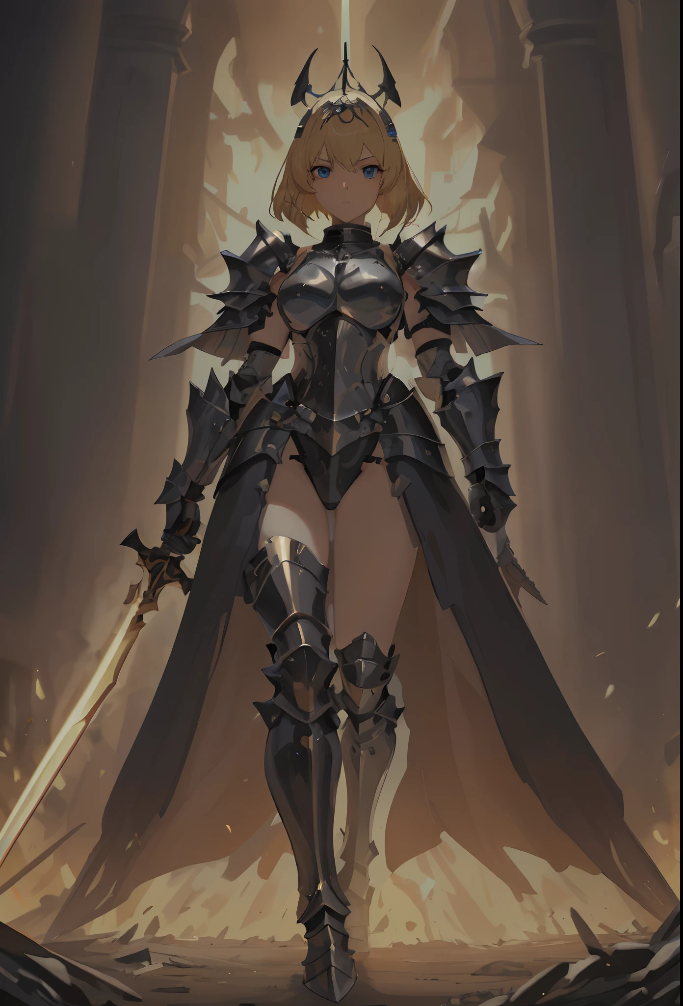 a close up of a woman in armor with a sword, armor girl, pale black armor, female knight, female paladin, dressed in light armor, cushart krenz key art feminine, gorgeous female paladin, black armor, bikini armor female knight, of a beautiful female knight, guweiz on artstation pixiv, picture of female paladin, 8k high quality detailed art, badass anime artstyle 8k, high quality, blonde hair, blue eyes,
