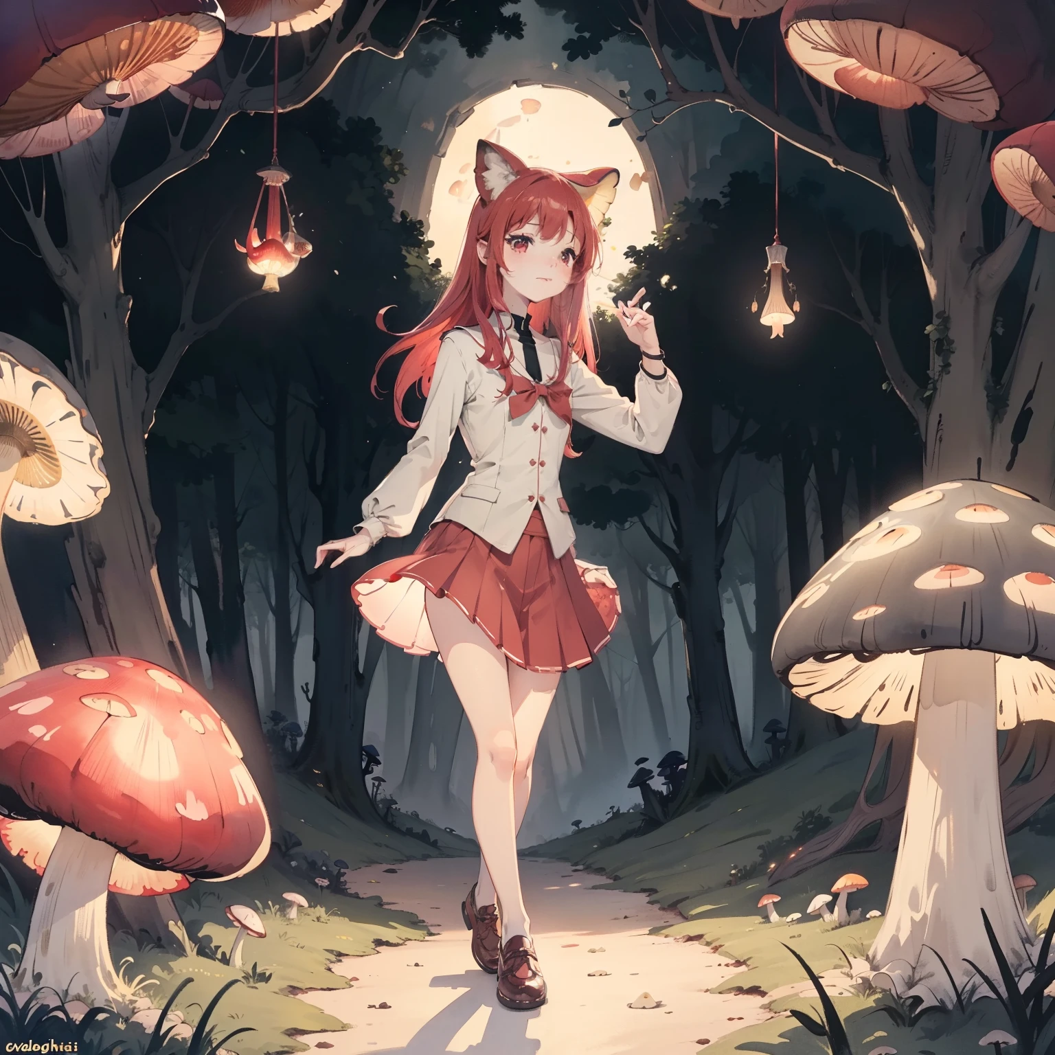 Beautiful and aesthetic,, Solo,Cute,Red hair,pleatedskirt,Dance,Cogumelos,Mushrooms,Huge mushrooms,spore,(glowing ambiance, enchanting glow, luminouslighting, Ethereal atmosphere,Watercolor illustration, Perfect anatomy, Masterpiece, Best quality, 1girll, li,eature, landscape