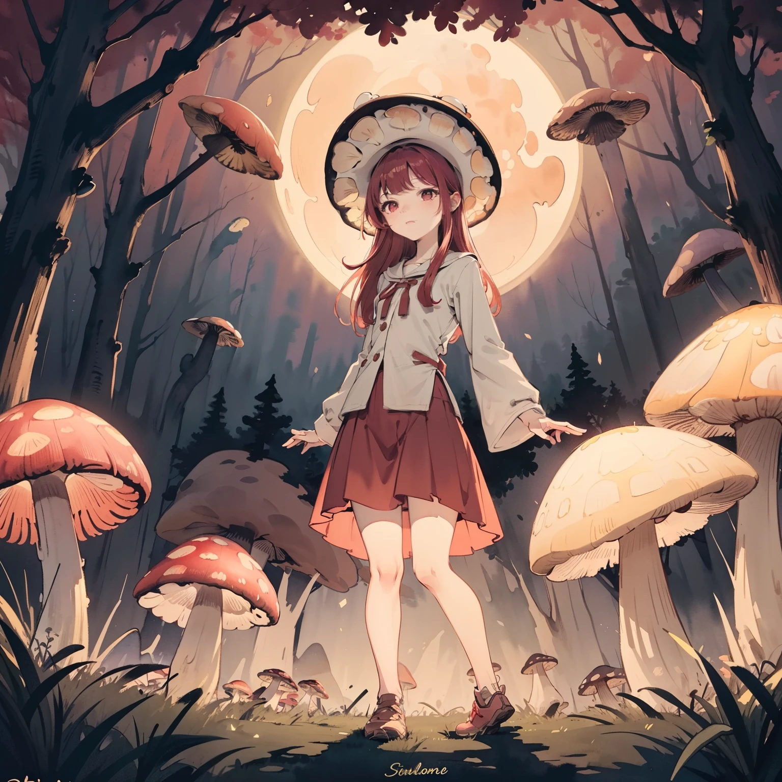 Beautiful and aesthetic,, Solo,Cute,Red hair,pleatedskirt,Dance,Cogumelos,Mushrooms,Huge mushrooms,spore,(glowing ambiance, enchanting glow, luminouslighting, Ethereal atmosphere,Watercolor illustration, Perfect anatomy, Masterpiece, Best quality, 1girll, li,eature, landscape