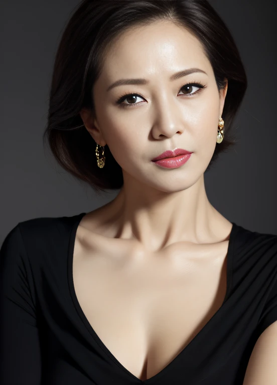 masterpiece,best quality, (one milf), ((portrait:1.5)), ((look down)), makeup, elegant black shirt, ouch own chest, ((seduction expression)),