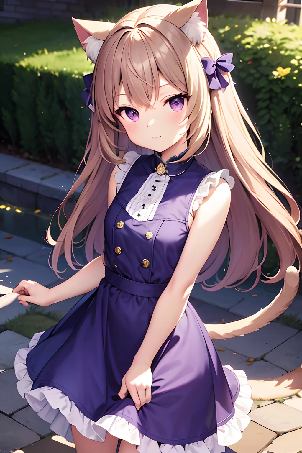 (Masterpiece), Best quality, high resolution, Highly detailed, Detailed background, Perfect lighting, En plein air, 10 year old girl, Very short,no boobs,Long khaki hair, Long hair,, Purple eyes,Cat ears,a cat tail, Light blue gorgeous princess outfit,Puff sleeves,akimbo,Breathless expression,Ogiya background