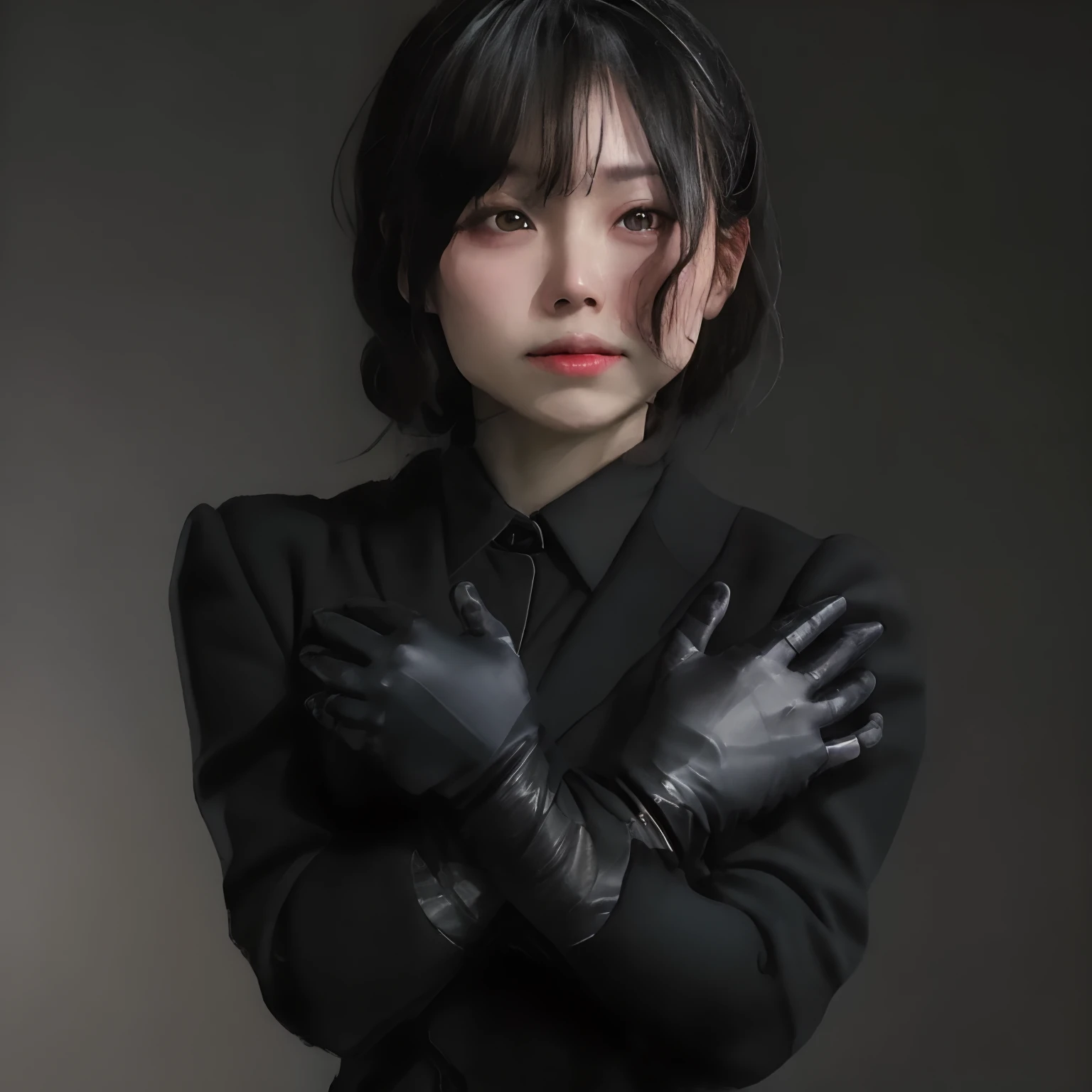 Young Japan woman lifting black suit up to shirt, Black leather gloves worn on both hands, Hands of a woman in a black suit and black leather gloves in front of her