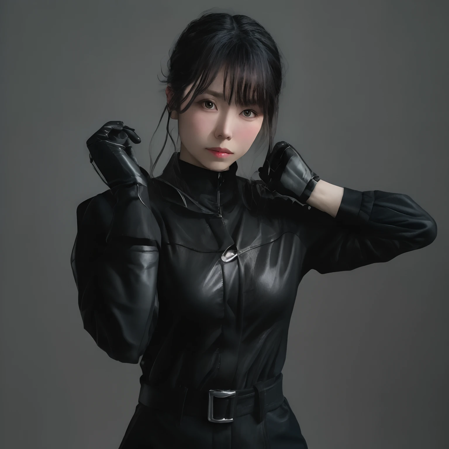 Young Japan woman lifting black suit up to shirt, Black leather gloves worn on both hands, Hands of a woman in a black suit and black leather gloves in front of her