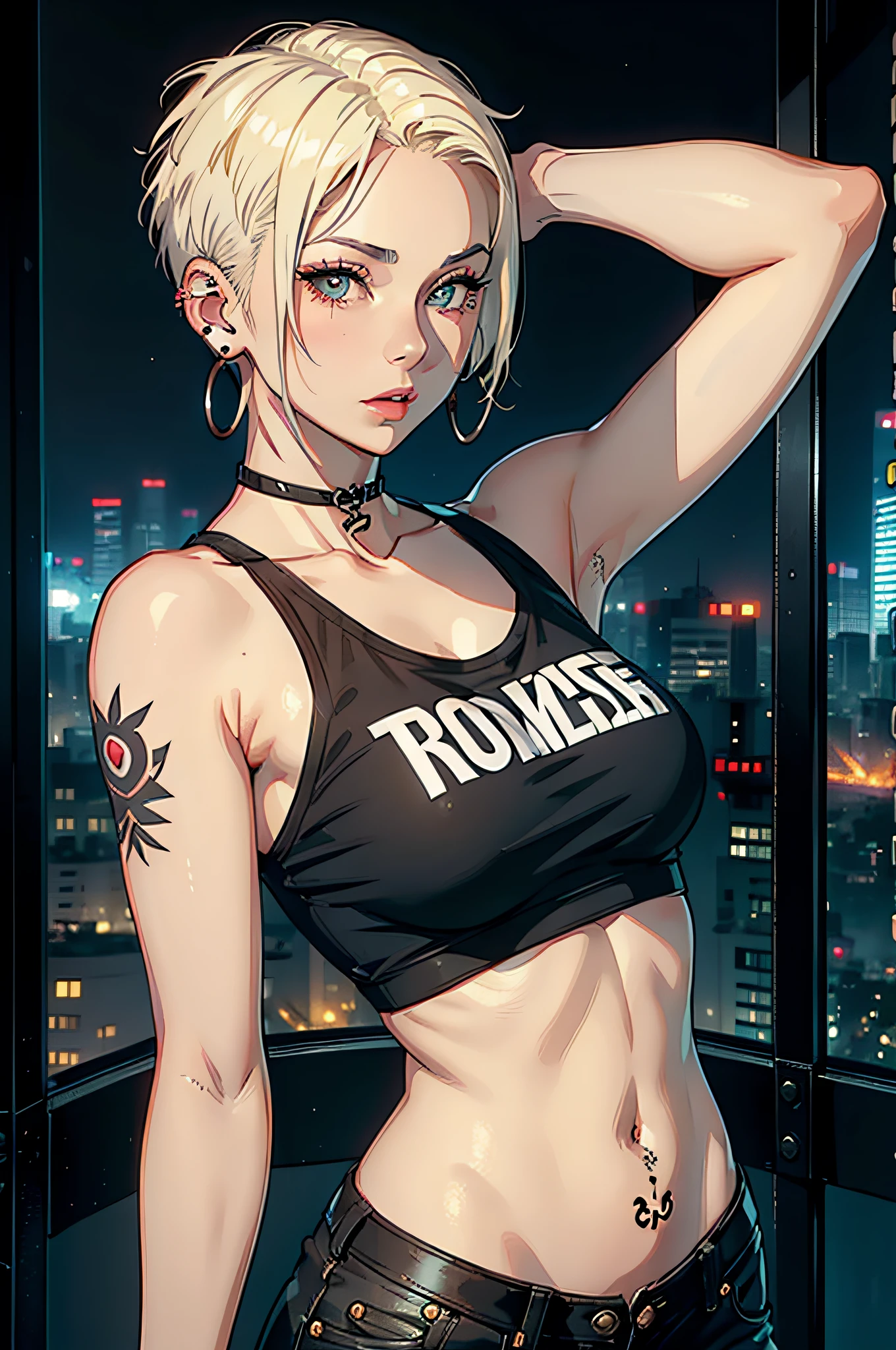 young woman, riley nixon haircut, shaved hair, blonde hair, very short hair, bald, white tank t-shirt shirt, red moon tattoo, right arm tattooed, blonde hair, riley nixon haircut, lipstick Black, piercings on the face, on a skyscraper, Looking at the viewer, Storm city, 4k