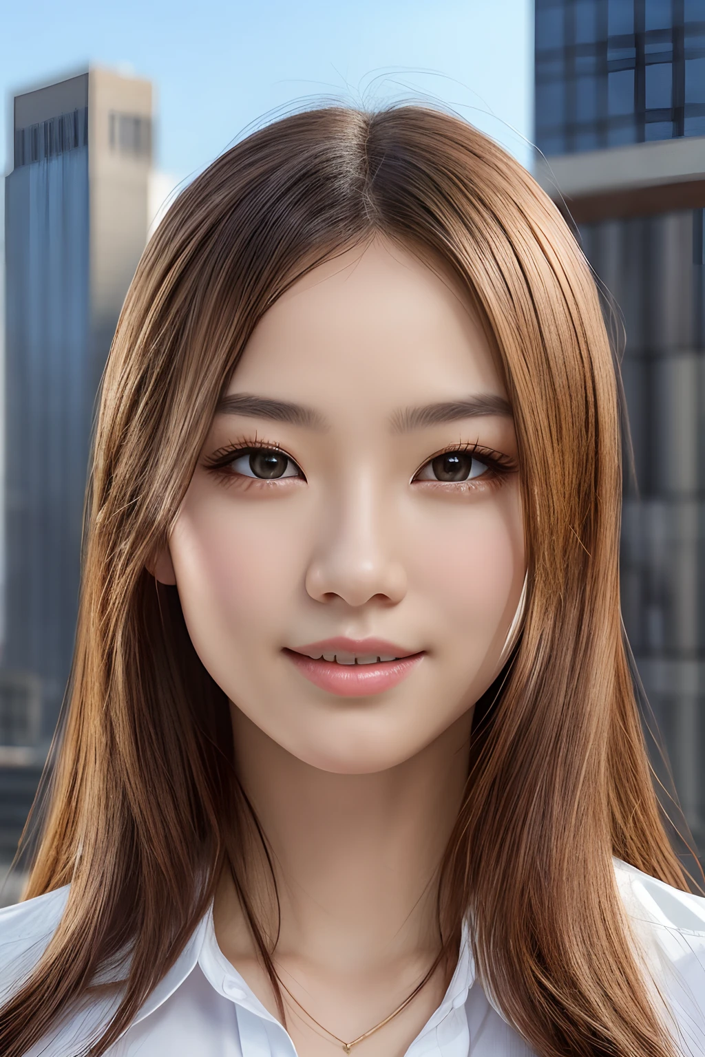 masterpiece, top-quality, in 8K, absurderes, The upper part of the body, whiteshirt, beautiful a girl, Clean face, looking at the viewers, A smile, A hyper-realistic, hight resolution, foco nítido, nffsw, face lights, Dynamic lighting, Lighting, Professional Shadows, beautiful cityscape background, highestdetailed, ighly detailed, ultra-detailliert, finely detail, authentic skin, Delicate facial features, Detailed face and eyes, Sharp pupils、Realistic pupils