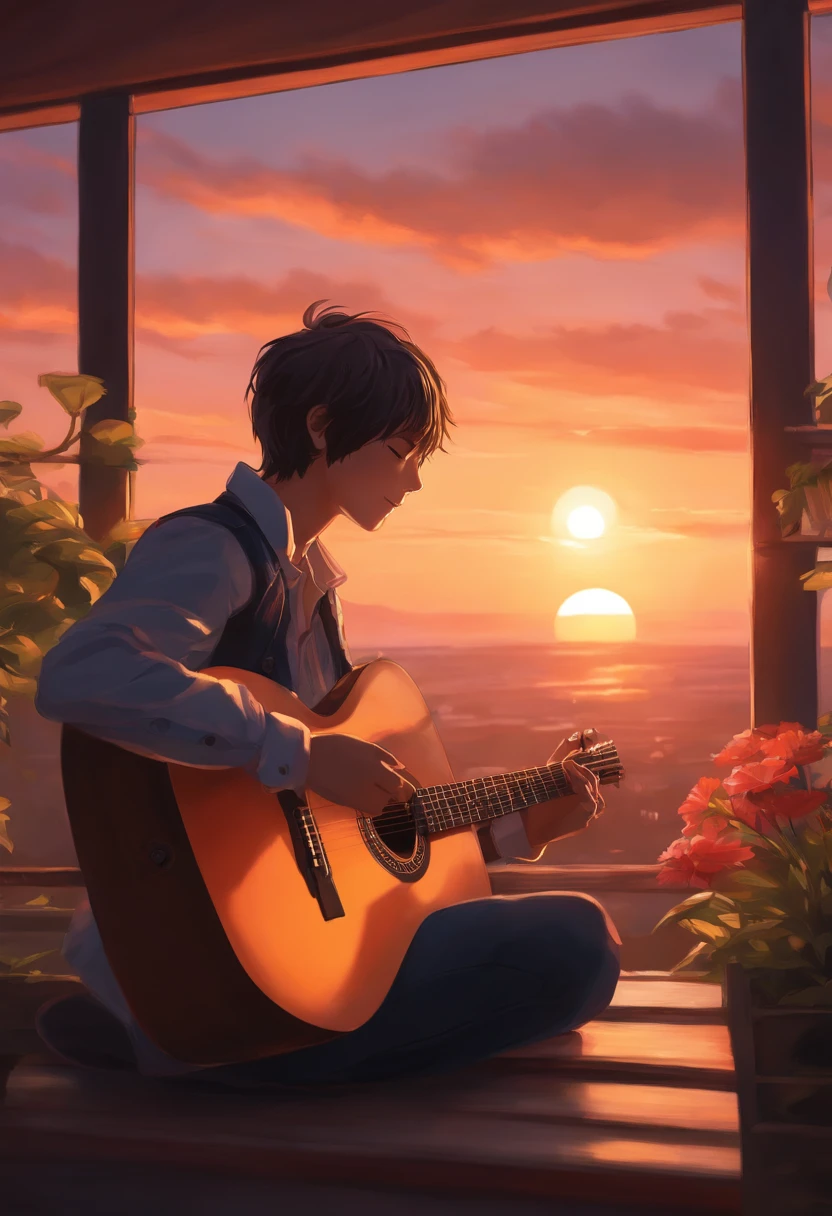 Anime boy sitting on a ledge playing a guitar at sunset, Anime Art Wallpaper 8K, Anime Art Wallpaper 4K, Anime Art Wallpaper 4K, anime style 4K, Anime wallpaper 4k, Anime wallpapers 4k, Anime Wallpaper 4k, Wallpaper manga 4K wallpaper, Makoto Shinkai Cirilo Rolando, The girl plays the guitar, lofi girl