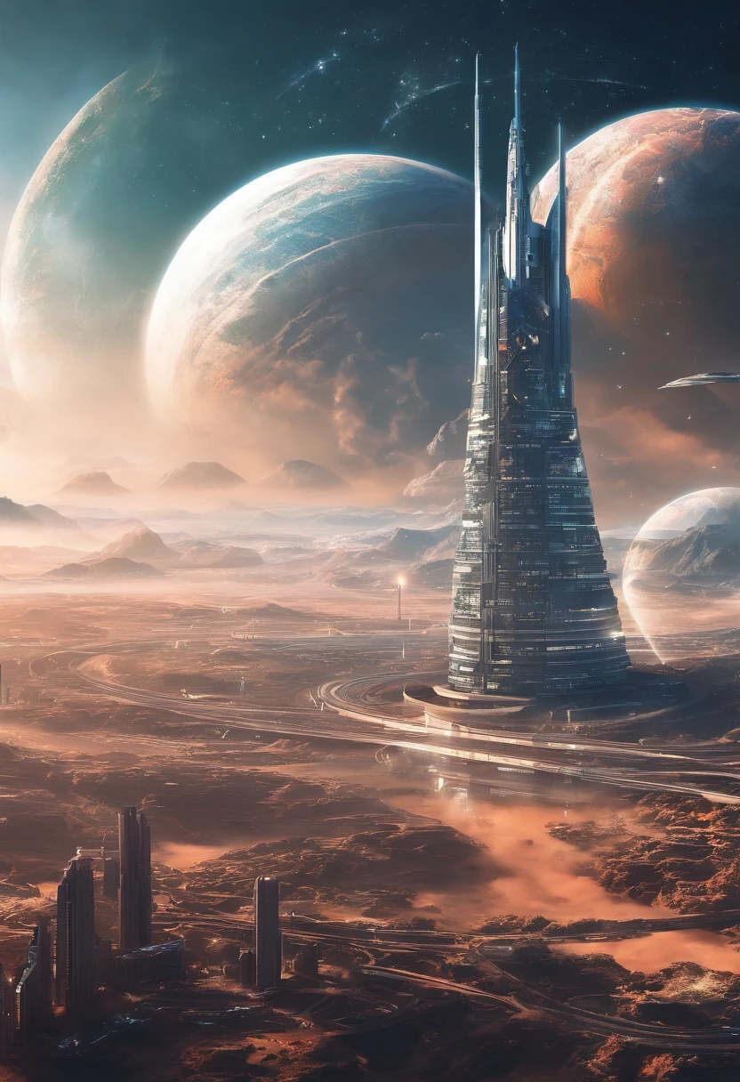 scientific and technological and futuristic technocratic world, huge tower in the sky
