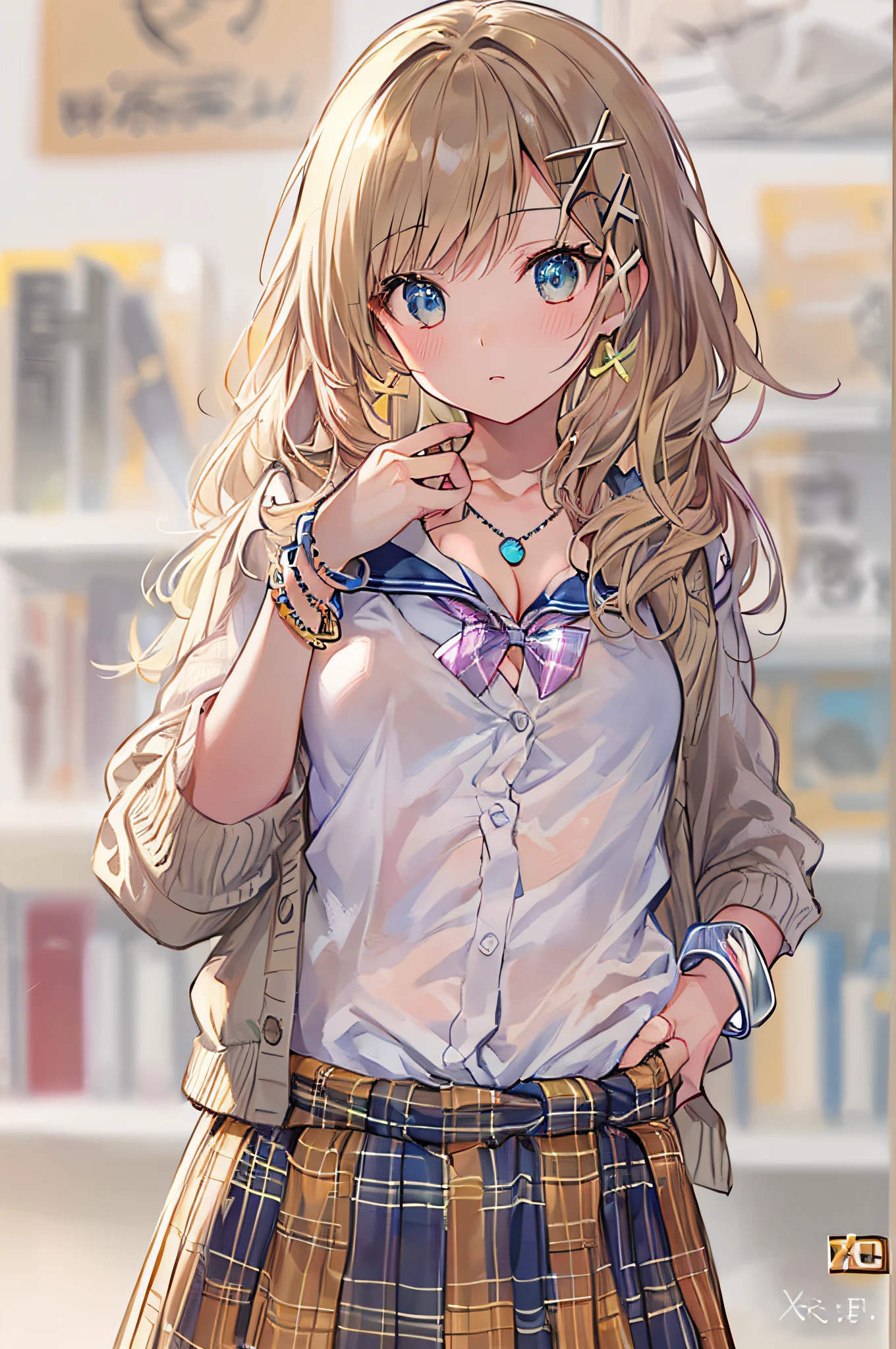 Gorilla Girl、Bright lighting、Beautiful illustration、
(8K, Raw photography, top-quality, masterpiece:1.2), (realisitic, Photorealsitic:1.37), ultra-detailliert, 1 rapariga, 独奏, cute little, Beautiful fece、(School Uniforms:1.2), (gyaru:1.2), (white shirt:1.3), (beige cardigan tied around waist:1.3), ((cleavage, unbuttoned):1.2), (plaid-pattern pleated-skirt:1.2), ((necklace,colorful bracelet,X hair ornament):1.2),