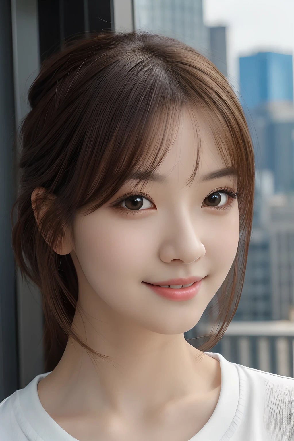 masterpiece, top-quality, in 8K, absurderes, The upper part of the body, whiteshirt, beautiful a girl, Clean face, looking at the viewers, A smile, A hyper-realistic, hight resolution, foco nítido, nffsw, face lights, Dynamic lighting, Lighting, Professional Shadows, beautiful cityscape background, highestdetailed, ighly detailed, ultra-detailliert, finely detail, authentic skin, Delicate facial features, Detailed face and eyes, Sharp pupils、Realistic pupils