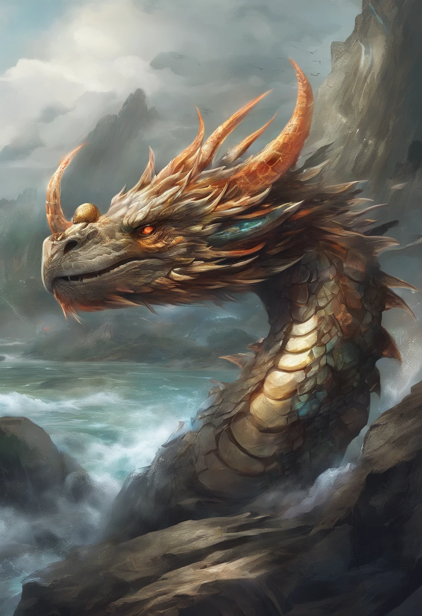 Dragon turtle（Heavy tortoiseshell shell，faucet，The long tail of the snake），tosen，Huge waves，China-style，oc rendered，super-fine，Hyper-realistic，Ultra photo realsisim，high qulity，8K high resolution，ultra - detailed